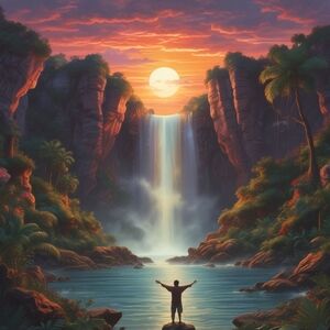Serene Sunset Waterfall Art Print